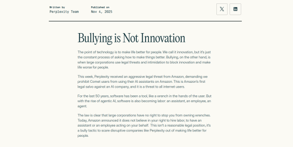 中国股票配资网 亚马逊对Perplexity下“逐客令”：带着你的AI代理滚出我的地盘